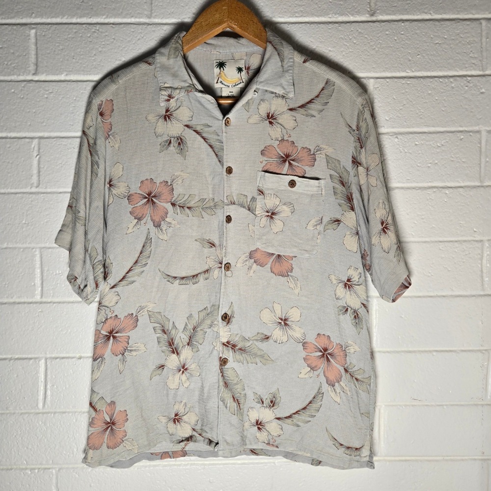 Banana Cabana Silk Hawaiian Shirt Mens Large Gray Floral Hibiscus Coconut Button